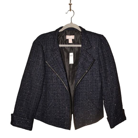 CHICO'S NEW $159 Navy Metallic Tweed Jacket Faux Leather Trim Chico's 1 / US 10 - Picture 1 of 4